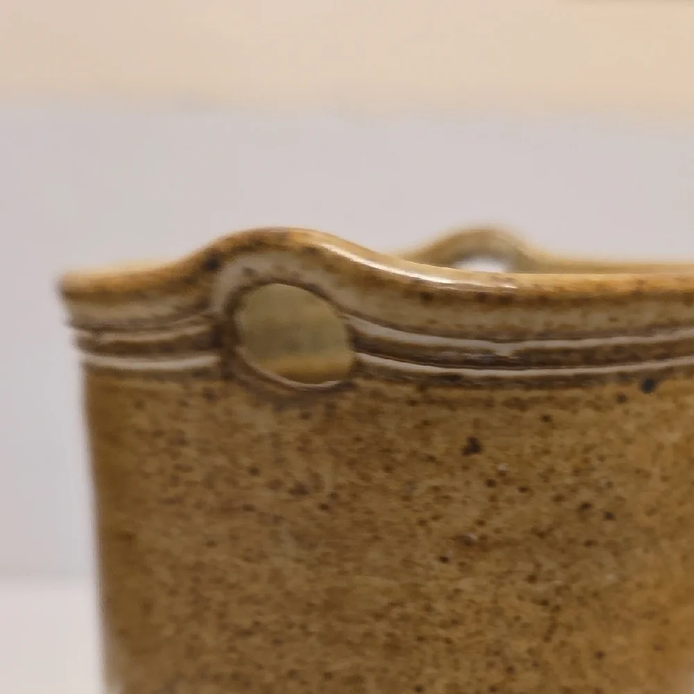 Brown Signed Pottery Vase with White Floral Design